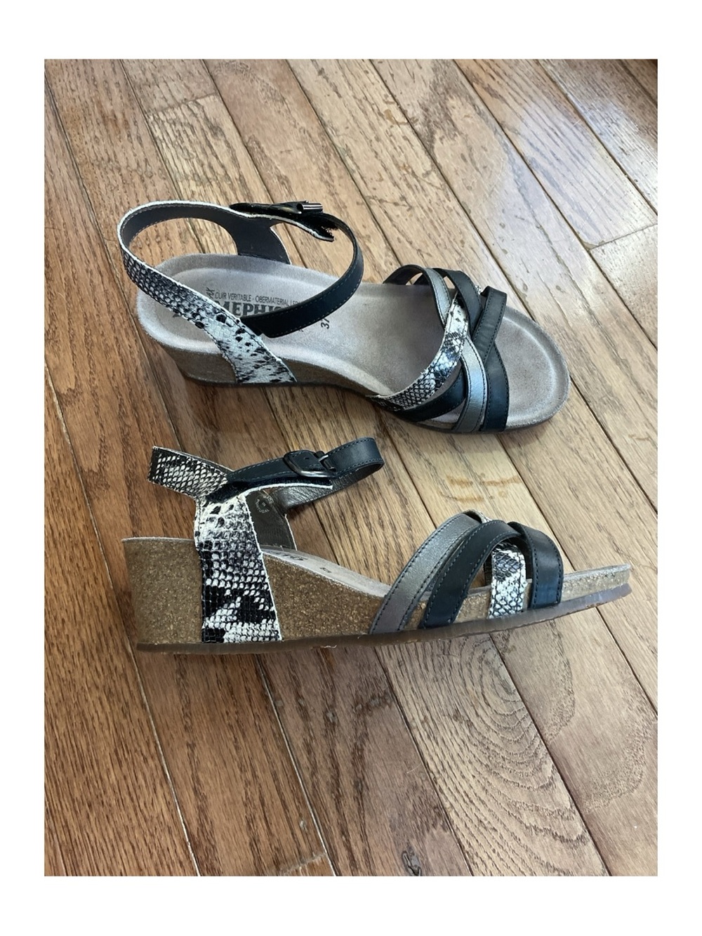 Mephisto Air-Relax Leather Wedge Sandals Black Snake Print Ankle Strap 37